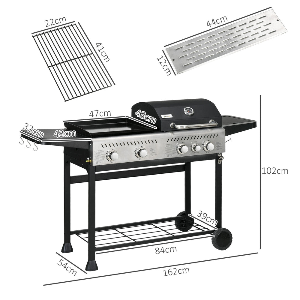 Outsunny 12kW Deluxe Duo Gas BBQ, dimensions of the gas barbecue showing its width, depth, height and component sizes