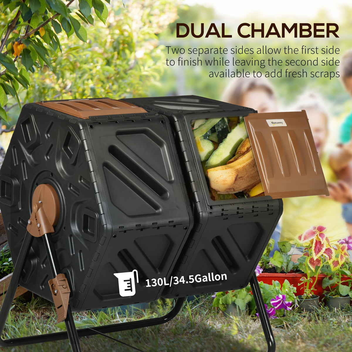 The garden composter with one brown lid open to reveal organic waste inside the bin