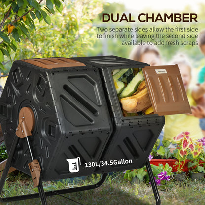 The garden composter with one brown lid open to reveal organic waste inside the bin