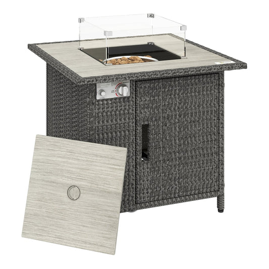 Outsunny 14.5 KW Rattan Gas Fire Pit Dining Table with lid off and wind guard up