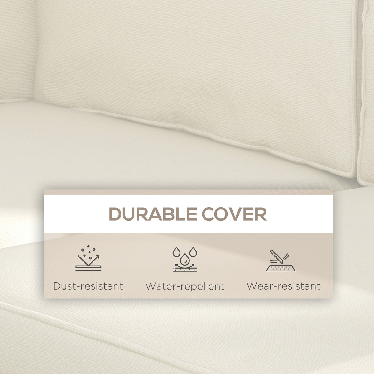 Close up of the cream cushion fabric with icons for dust, water and wear resistance