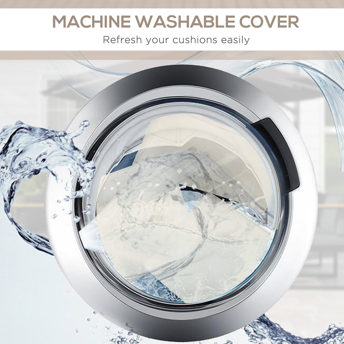 Cream cushion cover being washed in a washing machine