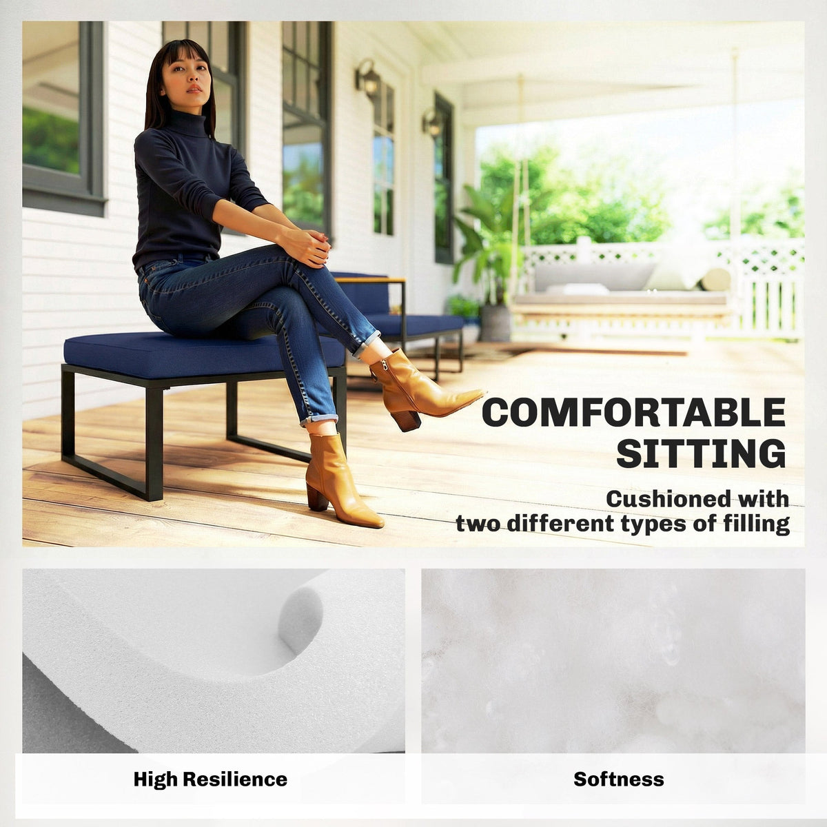 A woman sitting on dark blue dining set cushions with close-ups of the two foam filling types