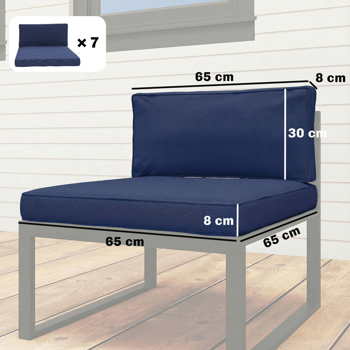 The outdoor seat cushions shown on a metal frame with dimension lines indicating the size
