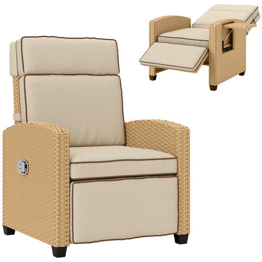 Outsunny 145° Reclining Rattan Armchair in khaki and beige with a footrest extended