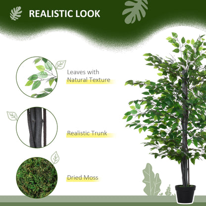 Close up of the artificial plant showing its realistic leaves, trunk and dried moss in the pot