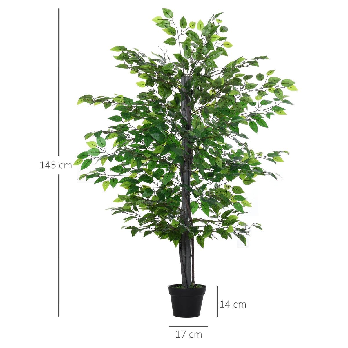 The artificial plant shown with vertical and horizontal lines indicating its height and pot width