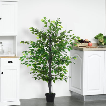 The artificial plant is shown in a bright kitchen setting on a tiled floor
