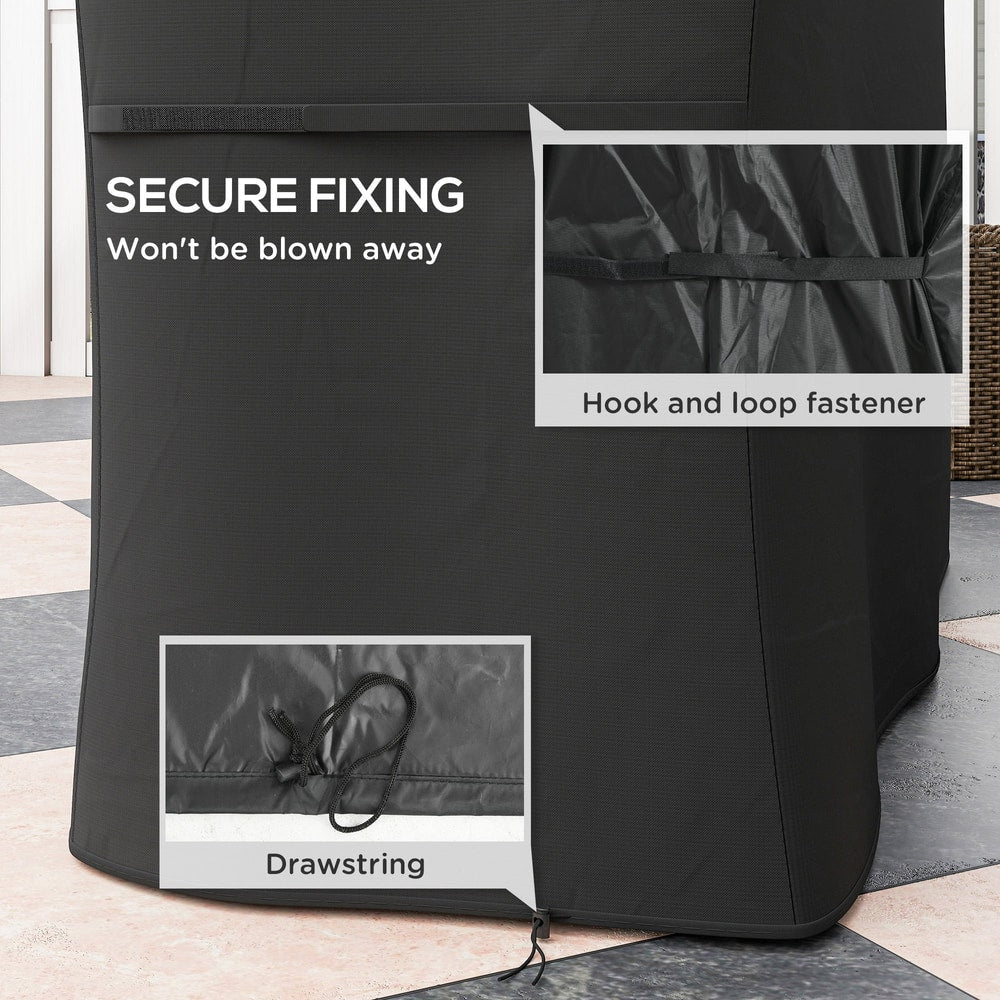 Close-up of the charcoal grill cover showing its secure fixing features like hook and loop fasteners and drawstring
