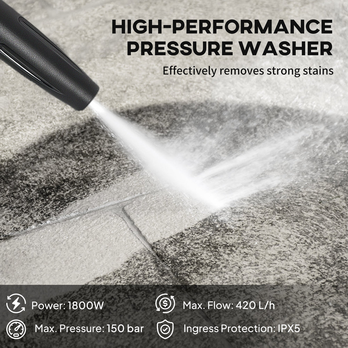 The pressure washer nozzle spraying water onto a stone patio to demonstrate cleaning performance
