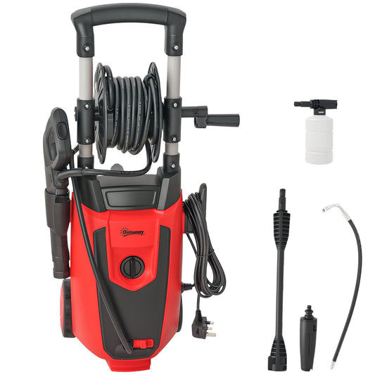 Outsunny 150-Bar Pressure Washer shown with its hose reel, spray gun and various cleaning attachments