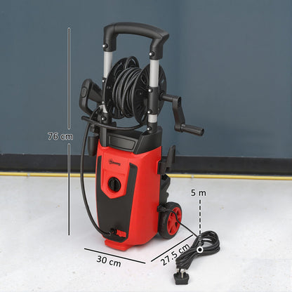 The pressure washer displayed with height, width and depth dimensions marked on a white floor