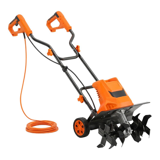 Outsunny 1500W Electric Garden Tiller w/Foldable Handle with orange motor housing and coiled power cable