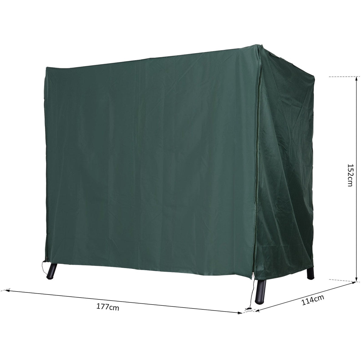 Green protective cover for a three-seater swing chair with dimensions shown