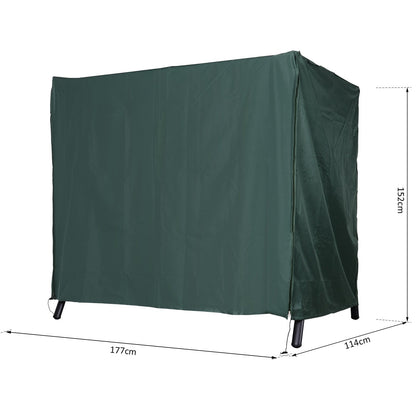 Green protective cover for a three-seater swing chair with dimensions shown