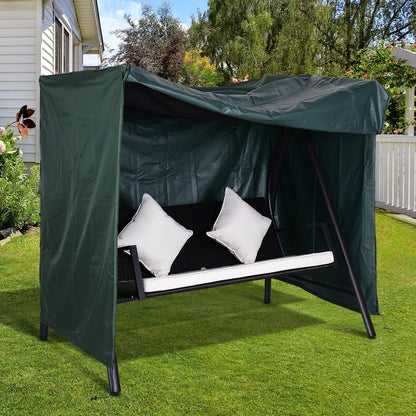 Green protective cover on a three-seater garden swing with cushions