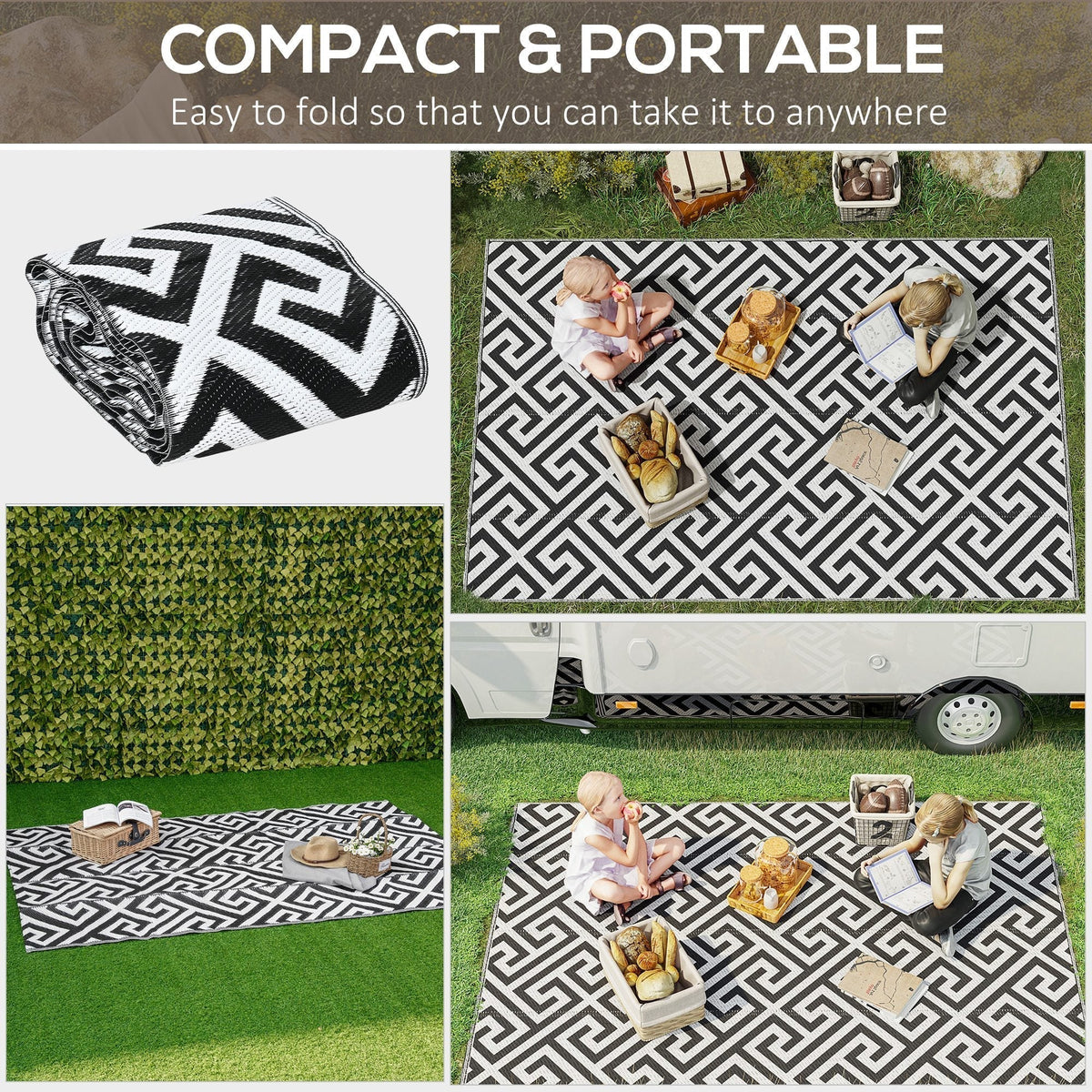 The outdoor rug shown folded and in various garden and camping settings