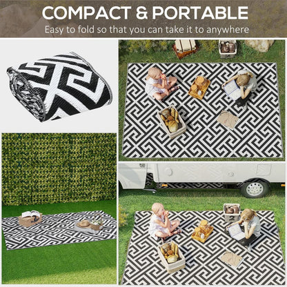 The outdoor rug shown folded and in various garden and camping settings