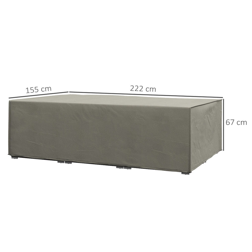 Dimensions of the grey waterproof furniture cover shown on a table