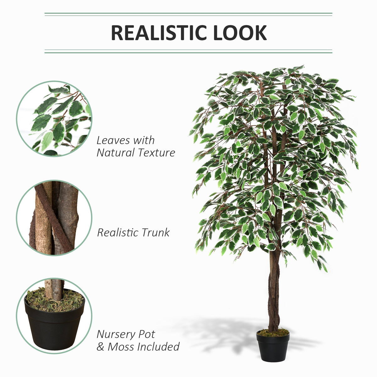 The artificial plants featuring close-up circles of the textured leaves, trunk and base pot