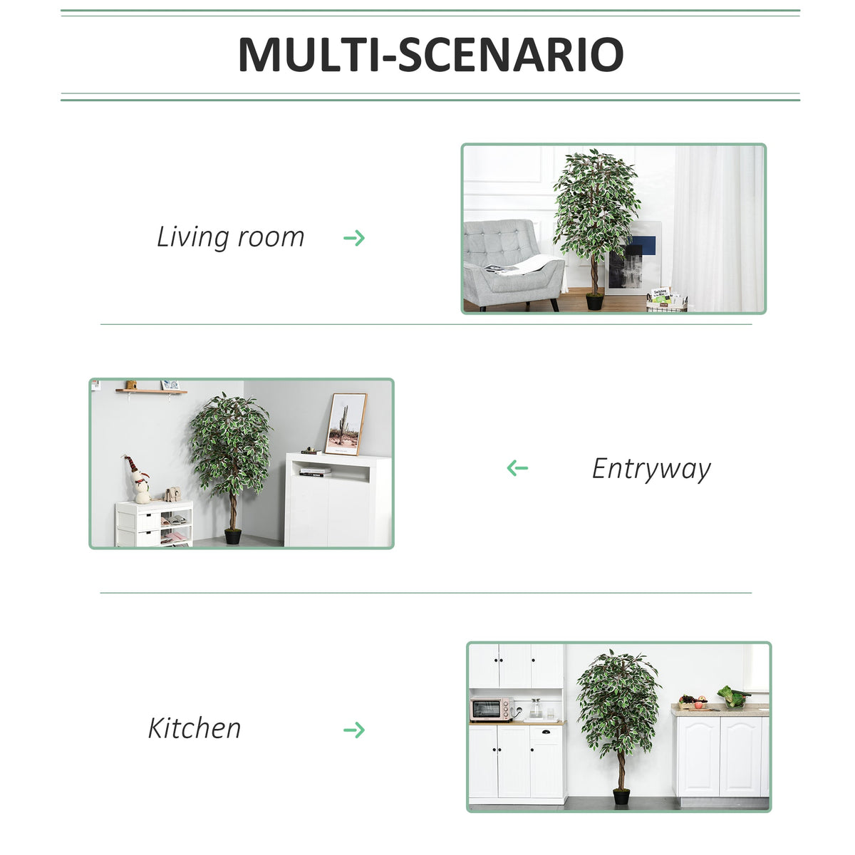 The artificial plants displayed in three different home settings including a kitchen and hallway