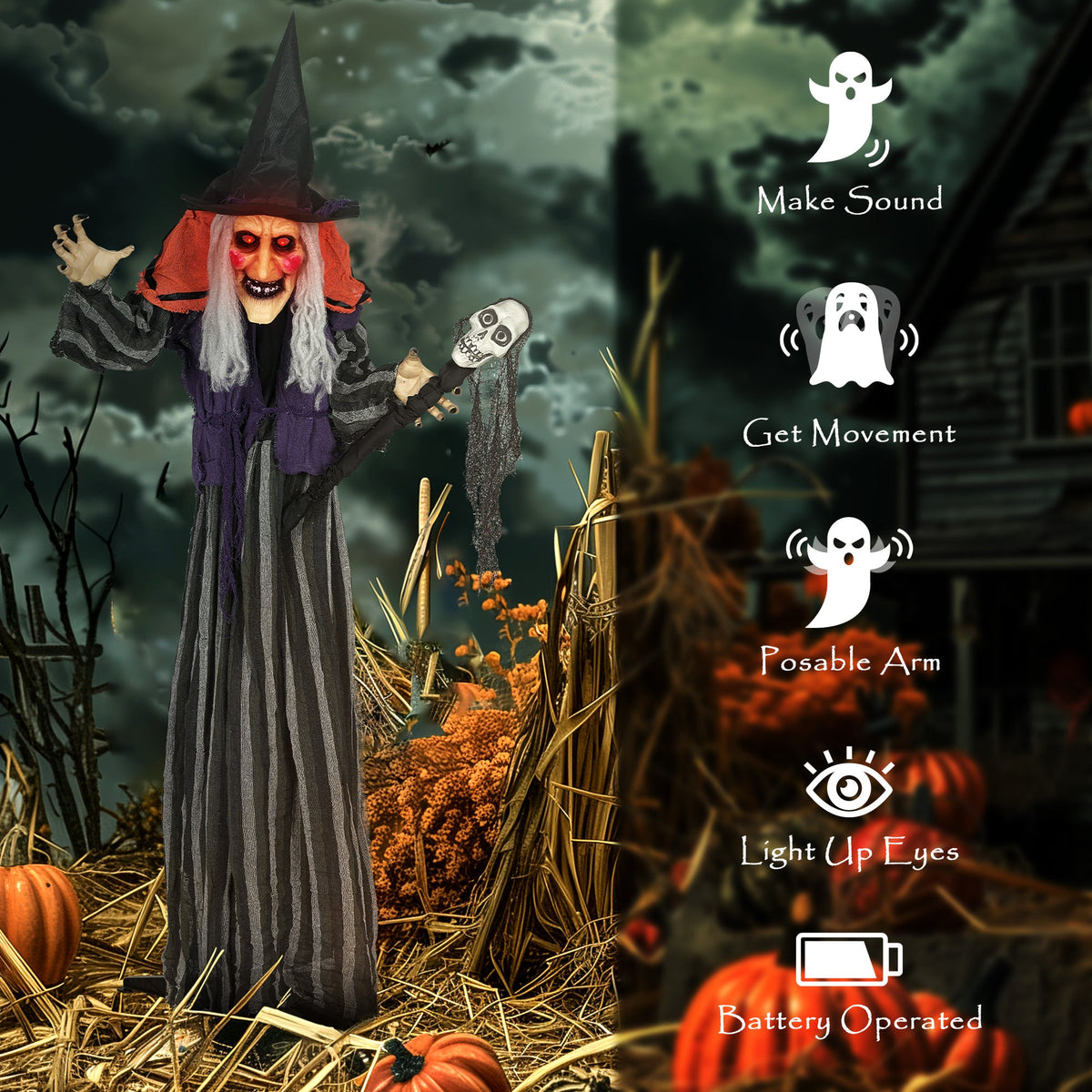 Diagram showing the features of the moving witch decoration including sound and lights