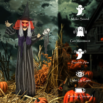 Diagram showing the features of the moving witch decoration including sound and lights