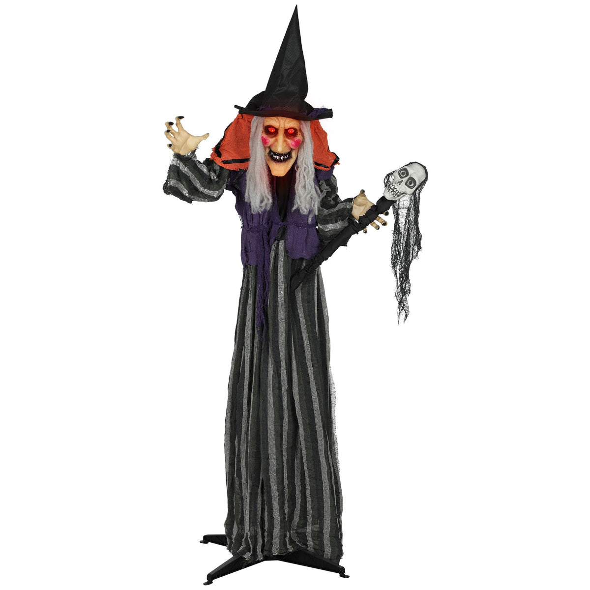 Outsunny 160cm Lifelike Moving Witch Decoration standing tall with a skull in its hand