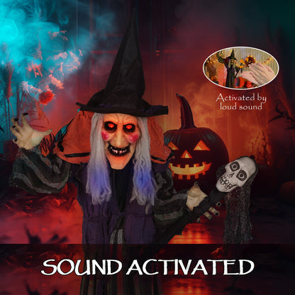 Sound activated Halloween witch decoration with a pumpkin and skull accessory