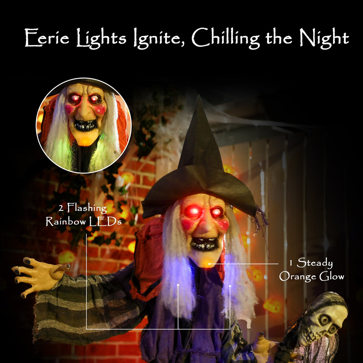 The Halloween witch decoration with glowing red eyes and colourful lights