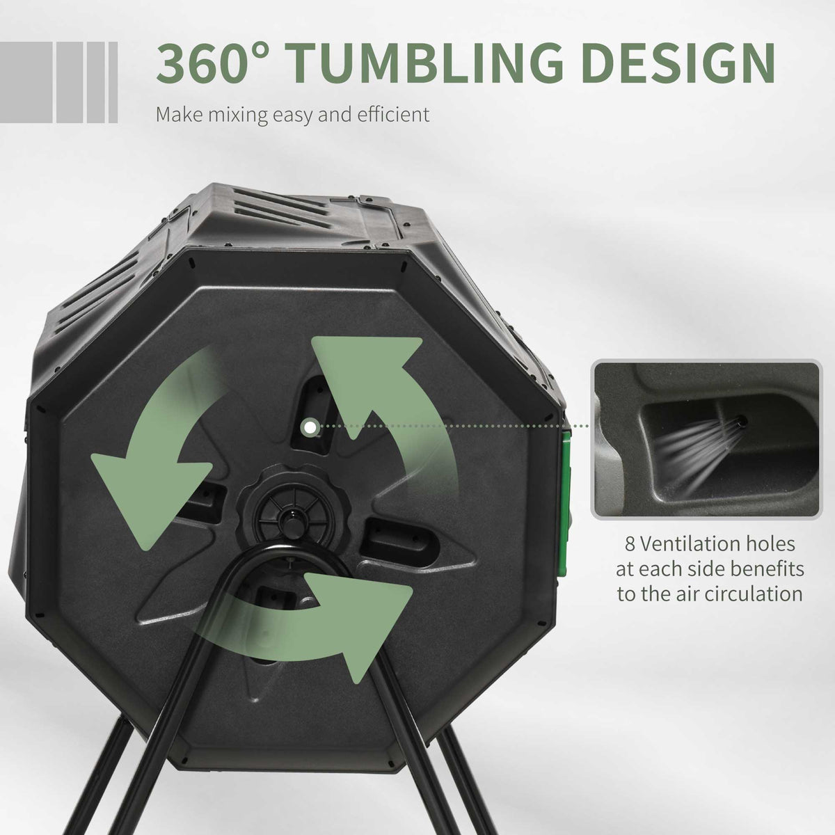 Close-up of the tumbling composter showing ventilation holes and the 360 tumbling design