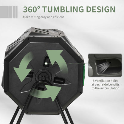 Close-up of the tumbling composter showing ventilation holes and the 360 tumbling design