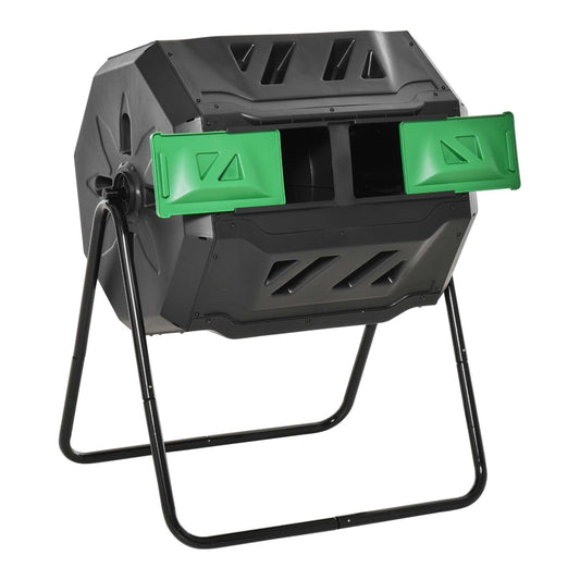 Outsunny 160L 360 Rotating Dual Chamber Composter in black with green lids on a metal stand