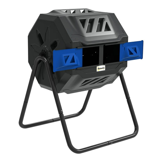 Outsunny 160L 360 Rotating Dual Chamber Composter in blue, a garden composting bin with two chambers and a rotating mechanism
