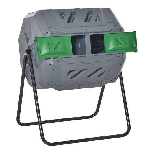 Outsunny 160L 360 Rotating Dual Chamber Composter in grey with green doors on a black stand