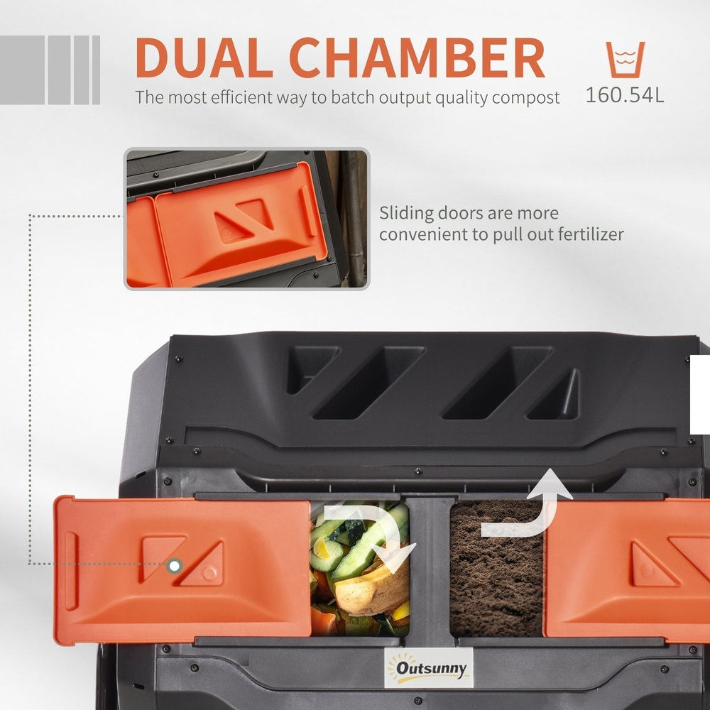 Close-up of the dual chamber composter showing the sliding doors and compost contents