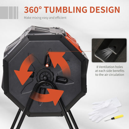 Diagram illustrating the 360 tumbling design and ventilation holes of the garden composter