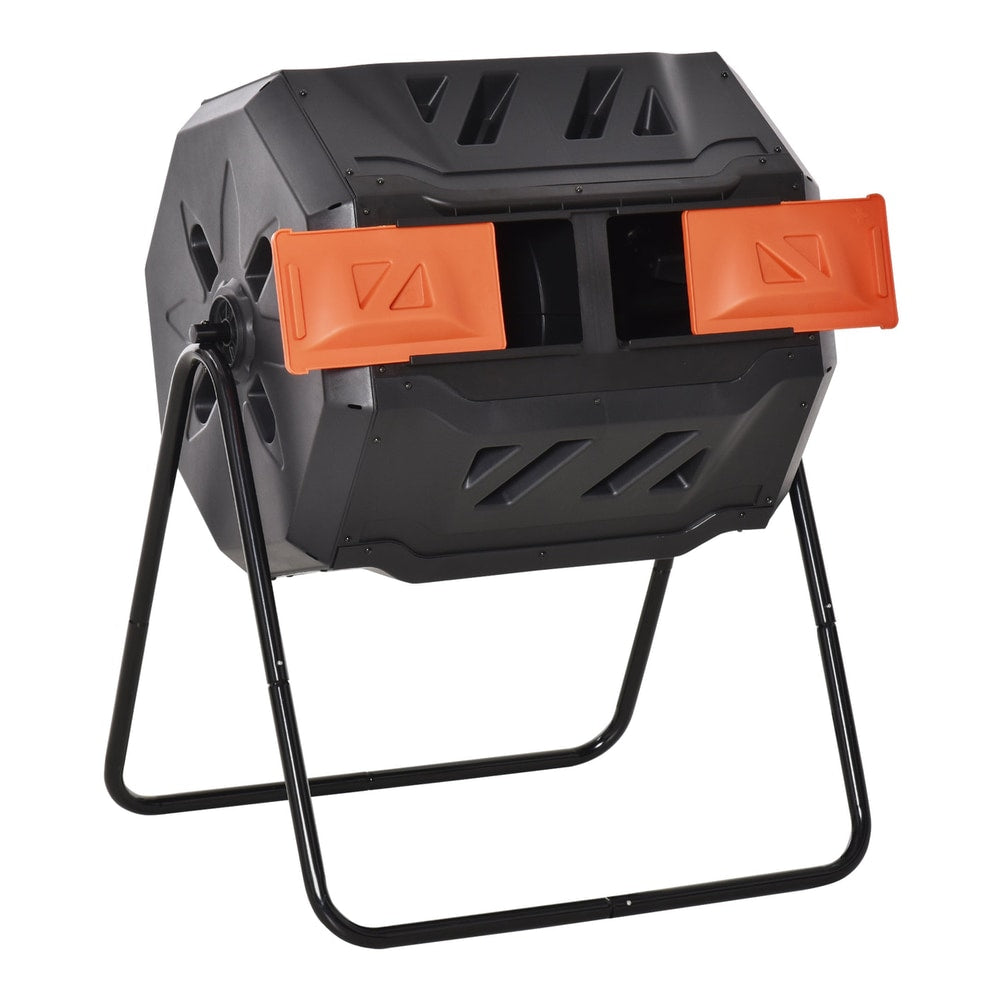 Outsunny 160L 360 Rotating Dual Chamber Composter in orange and black, shown from the front