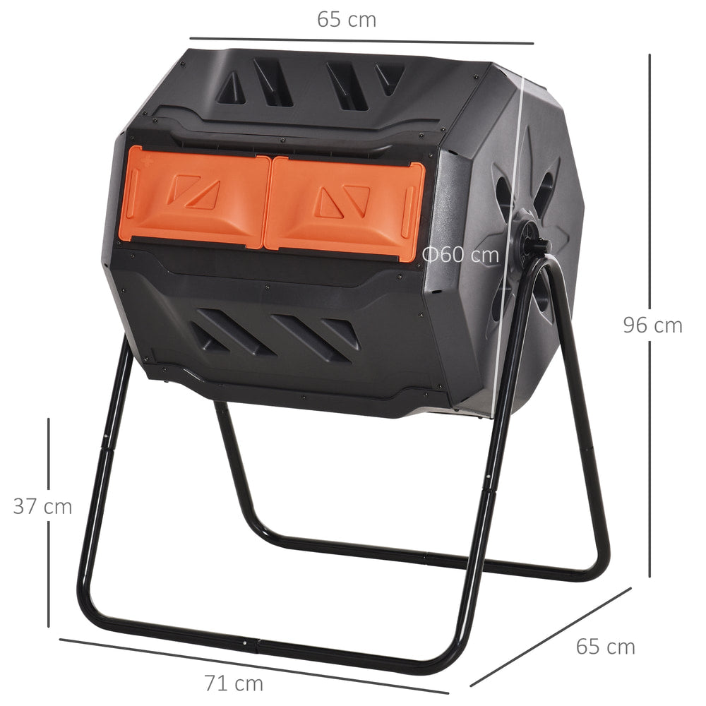 A diagram showing the dimensions of the orange and black rotating dual chamber composter