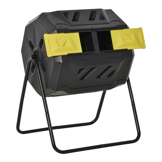 Outsunny 160L 360 Rotating Dual Chamber Composter in black with yellow doors on a stand