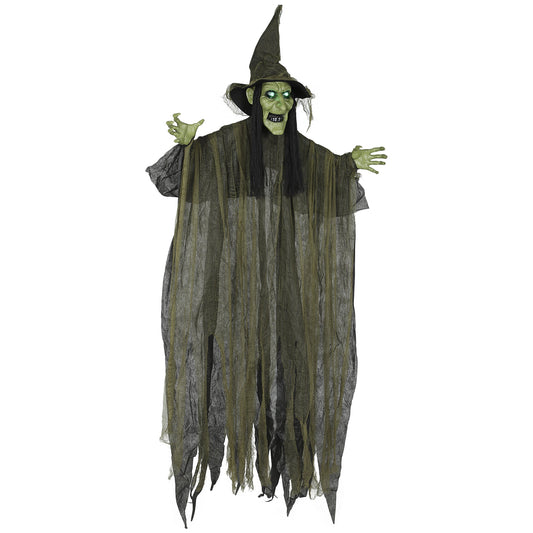 Outsunny 170 cm Life Size Hanging Halloween Animated Witch with glowing green eyes and tattered robes