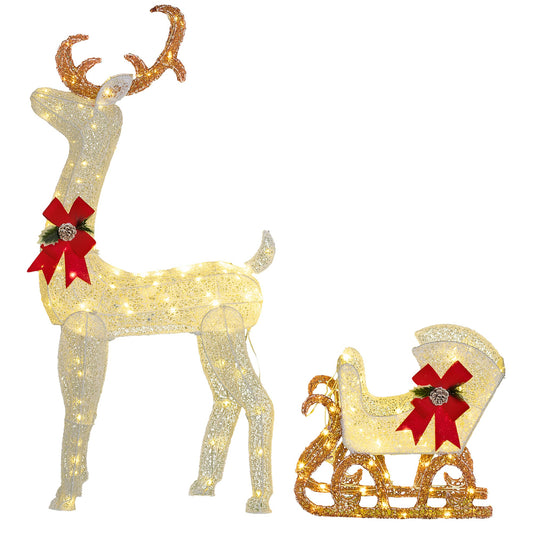 Outsunny 170 LED Light Reindeer and Sleigh Christmas Decoration, a white reindeer and sleigh lit with warm white lights