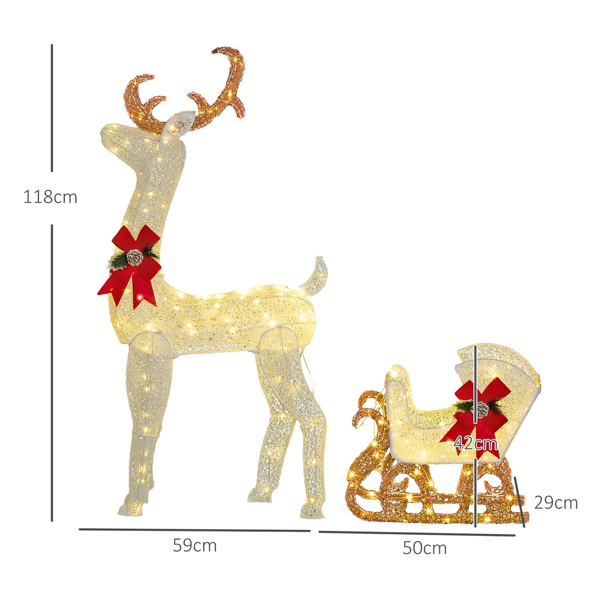The reindeer and sleigh decoration with size dimensions shown
