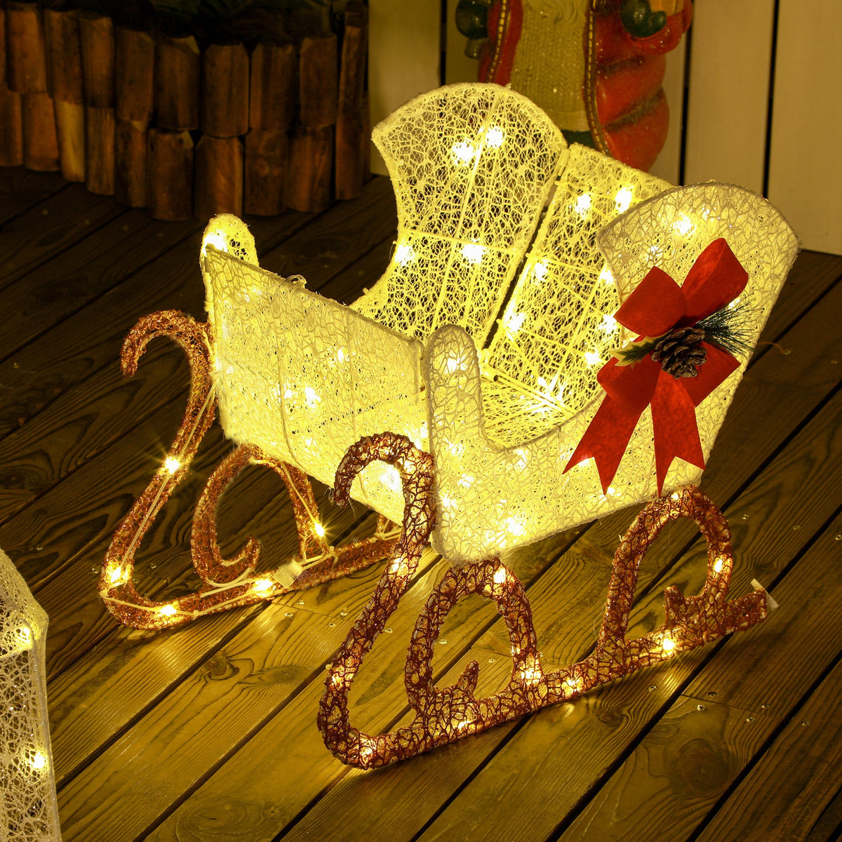 Close up of the sleigh part of the reindeer and sleigh decoration