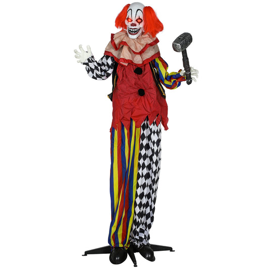 Outsunny 173 cm Life Size Halloween Animated Standing Clown & Hammer, a full-body standing clown decoration with a hammer