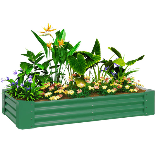 Outsunny 180 x 90cm Galvanised Steel Open Planter - Green, a rectangular raised garden bed filled with plants