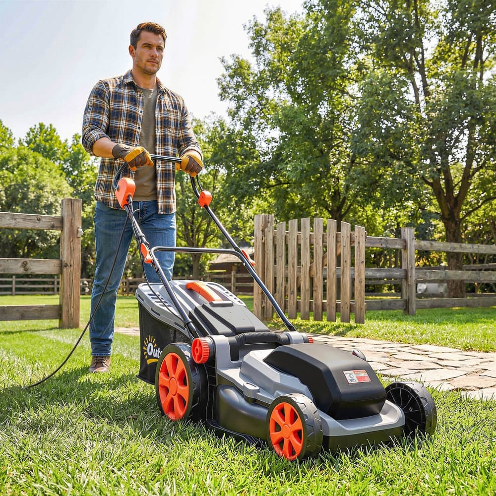 Man using the electric lawnmower to cut grass in a garden