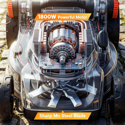 Close-up of the powerful motor and sharp steel blade inside the electric lawnmower