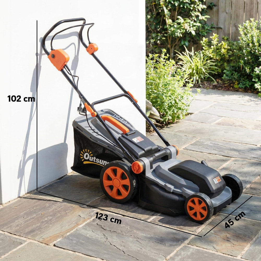 Dimensions of the electric lawnmower shown with height and width measurements