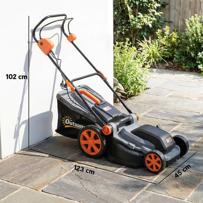 Dimensions of the electric lawnmower shown with height and width measurements